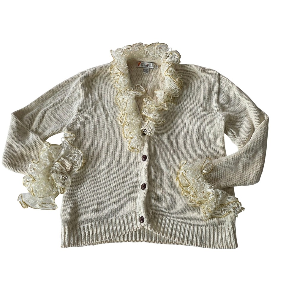 Vintage Chaus Romantic Cream Cardigan Med Oversized Crochet Ruffles Grandmacore